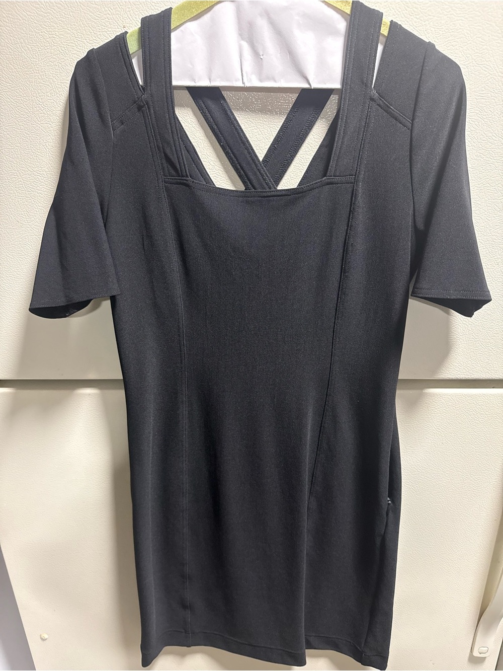 Boston proper Black Short-Sleeve Square Neck Top with Strappy Back